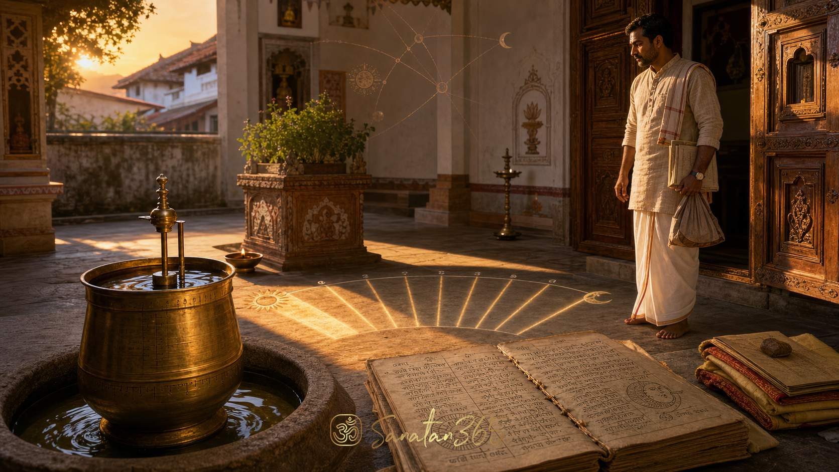 Traditional Indian courtyard with panchanga and daylight arc illustrating Rahu Kalam timing
