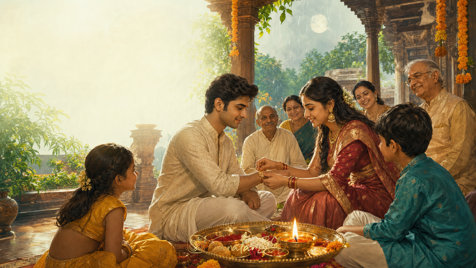 A sister tying rakhi on her brother's wrist beside a glowing puja thali as their family gathers in a sunlit courtyard.