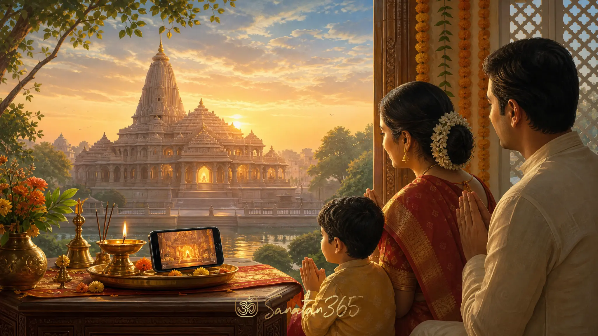 Devotees watching Ram Mandir Ayodhya live darshan of Ram Lalla from a home altar