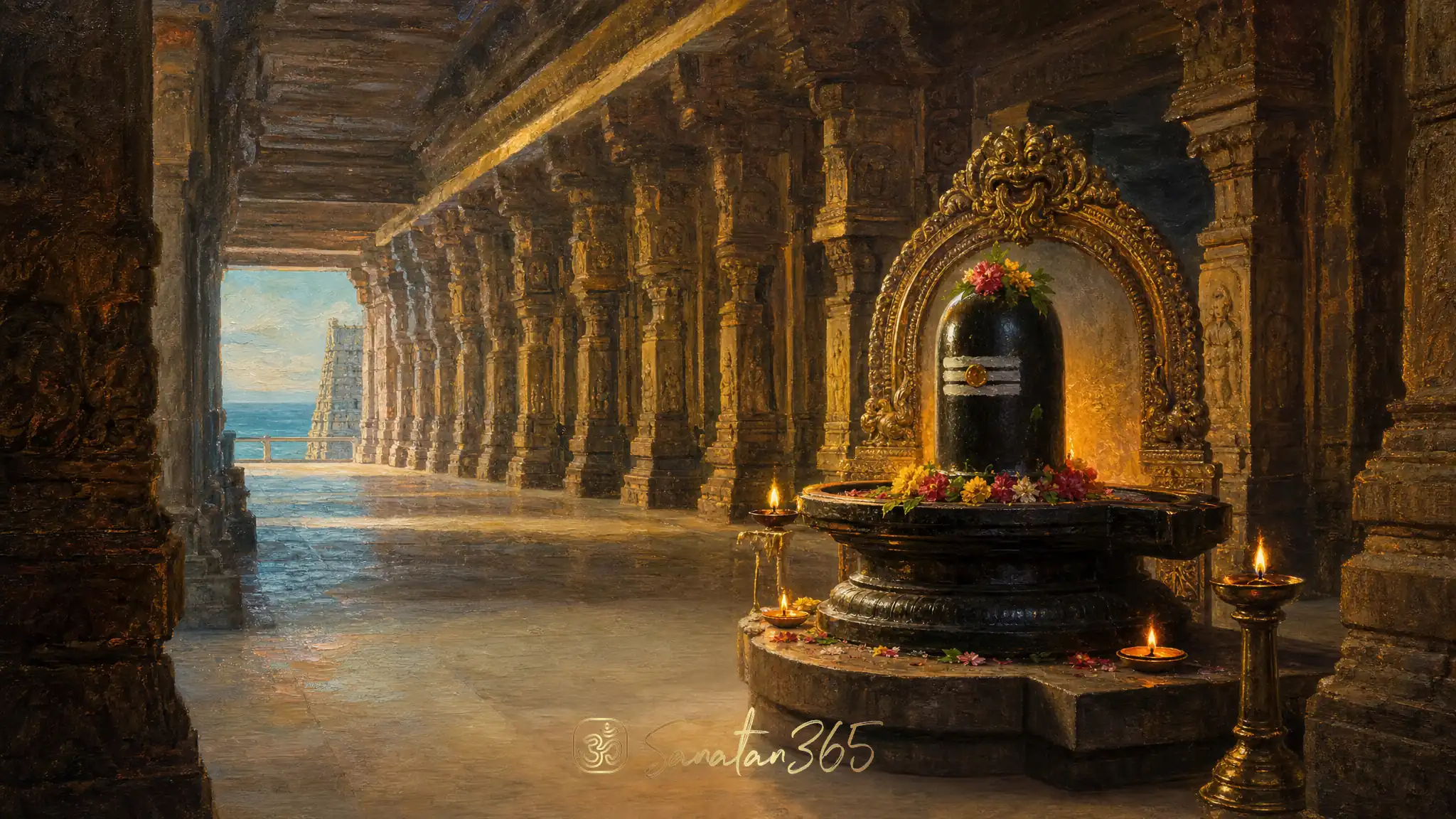 Rameswaram Ramanathaswamy Temple corridor with a Shiva linga worship focal point and dawn devotional light