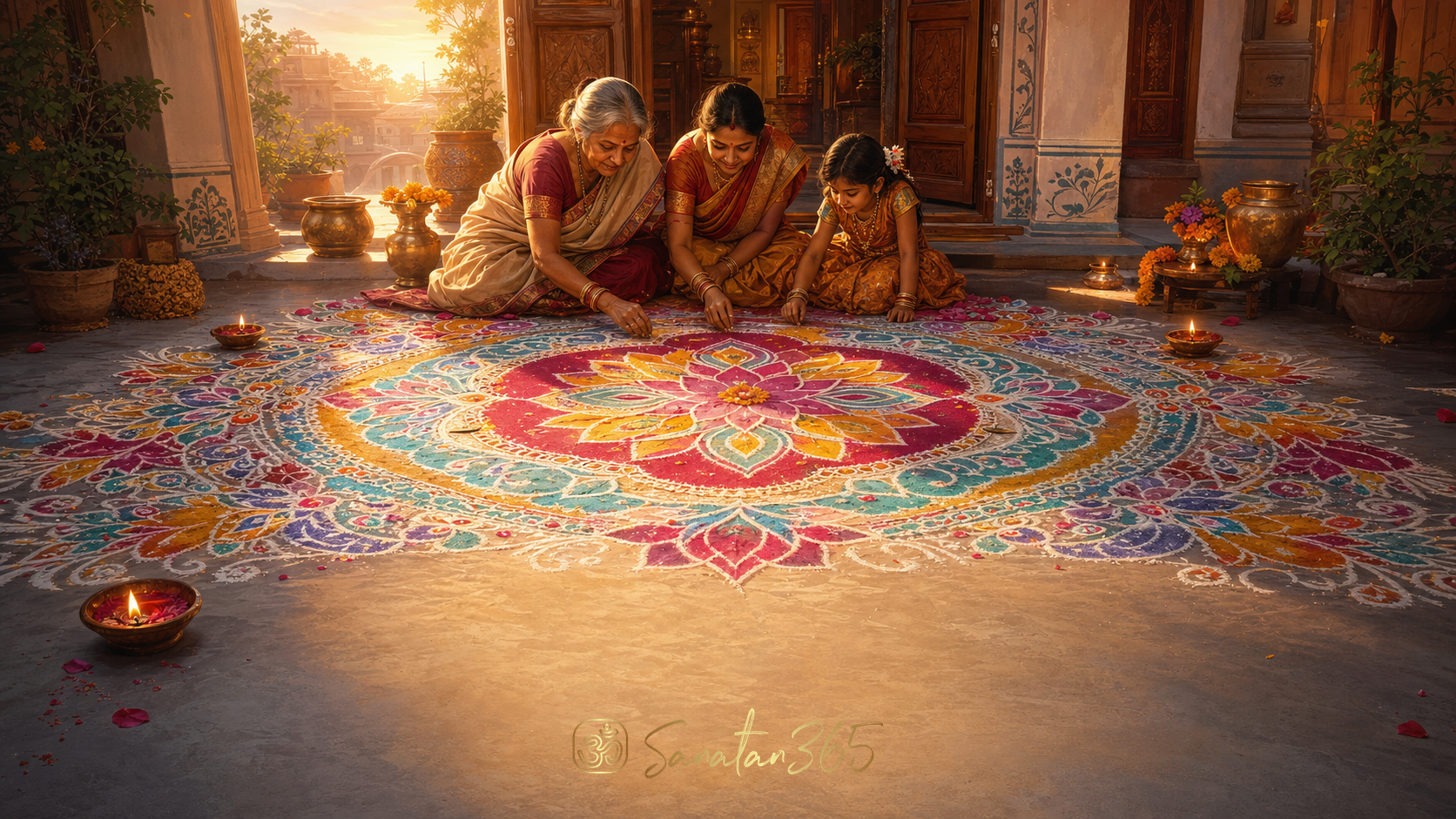 Family creating a colourful sacred rangoli at an Indian home threshold at dawn