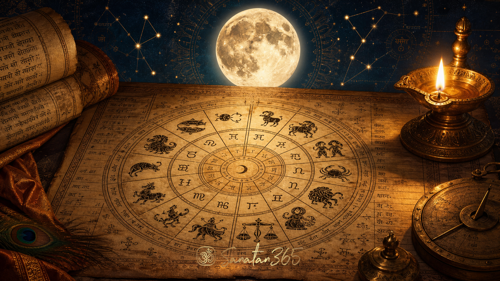 Vedic astrology chart with Moon and twelve rashi symbols in a refined devotional study setting
