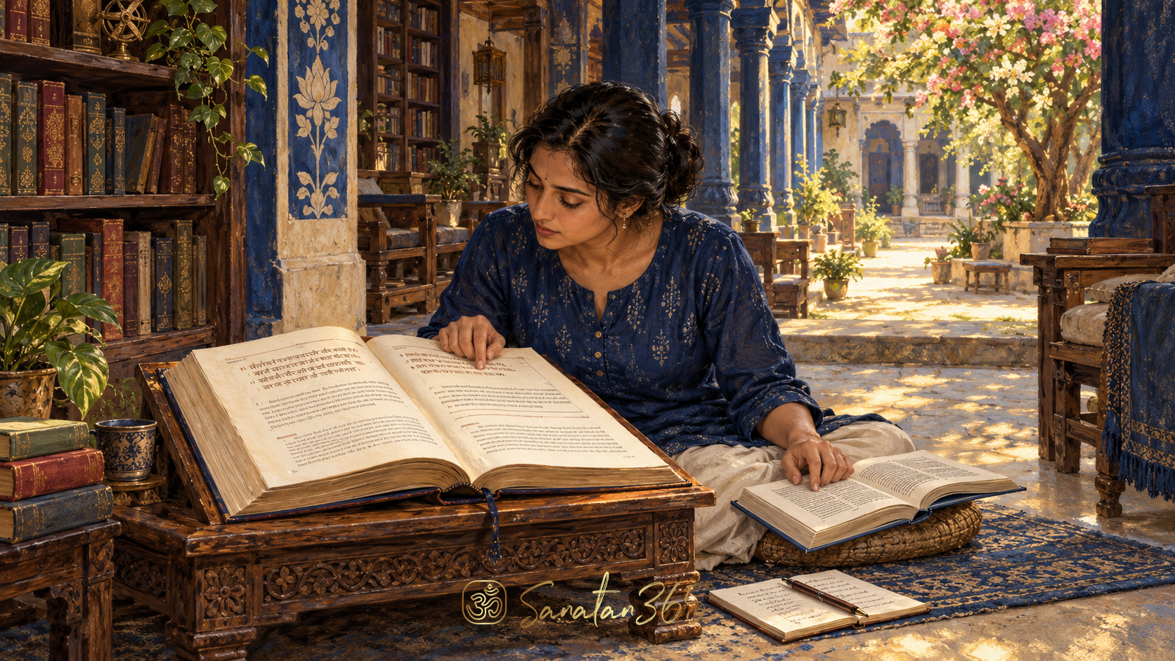 Painterly sacred library courtyard with an attentive reader, an open manuscript, and connected shelves in warm light.