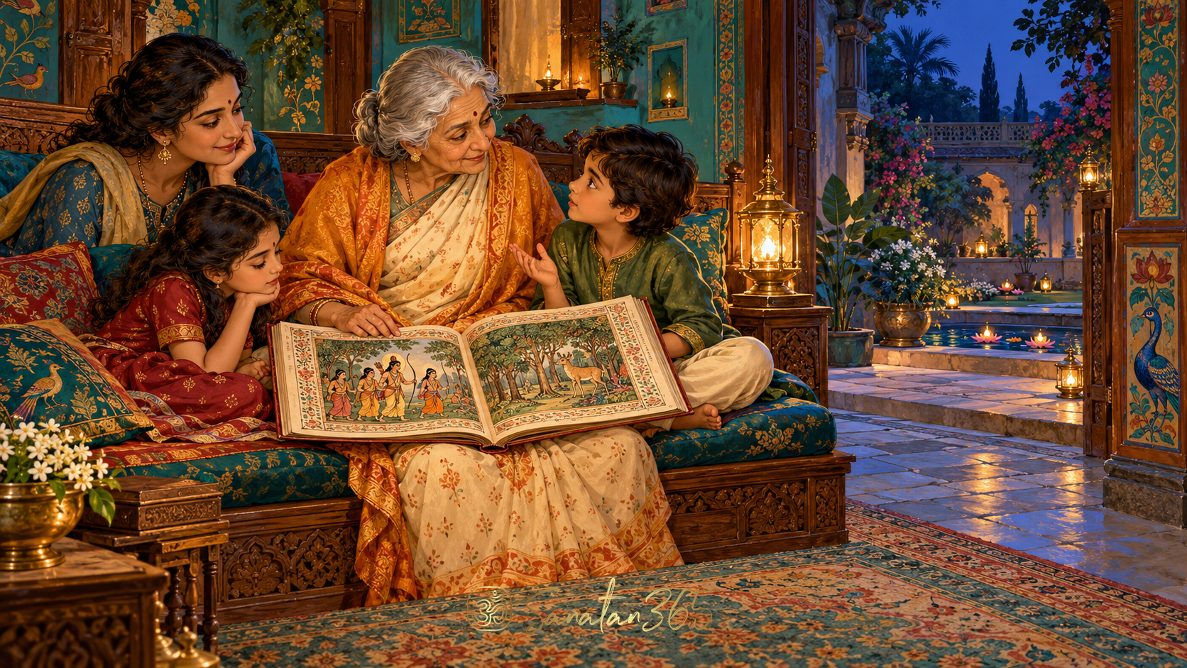 Painterly grandparent and children sharing a storybook in a warm Indian courtyard, with a child asking a question.