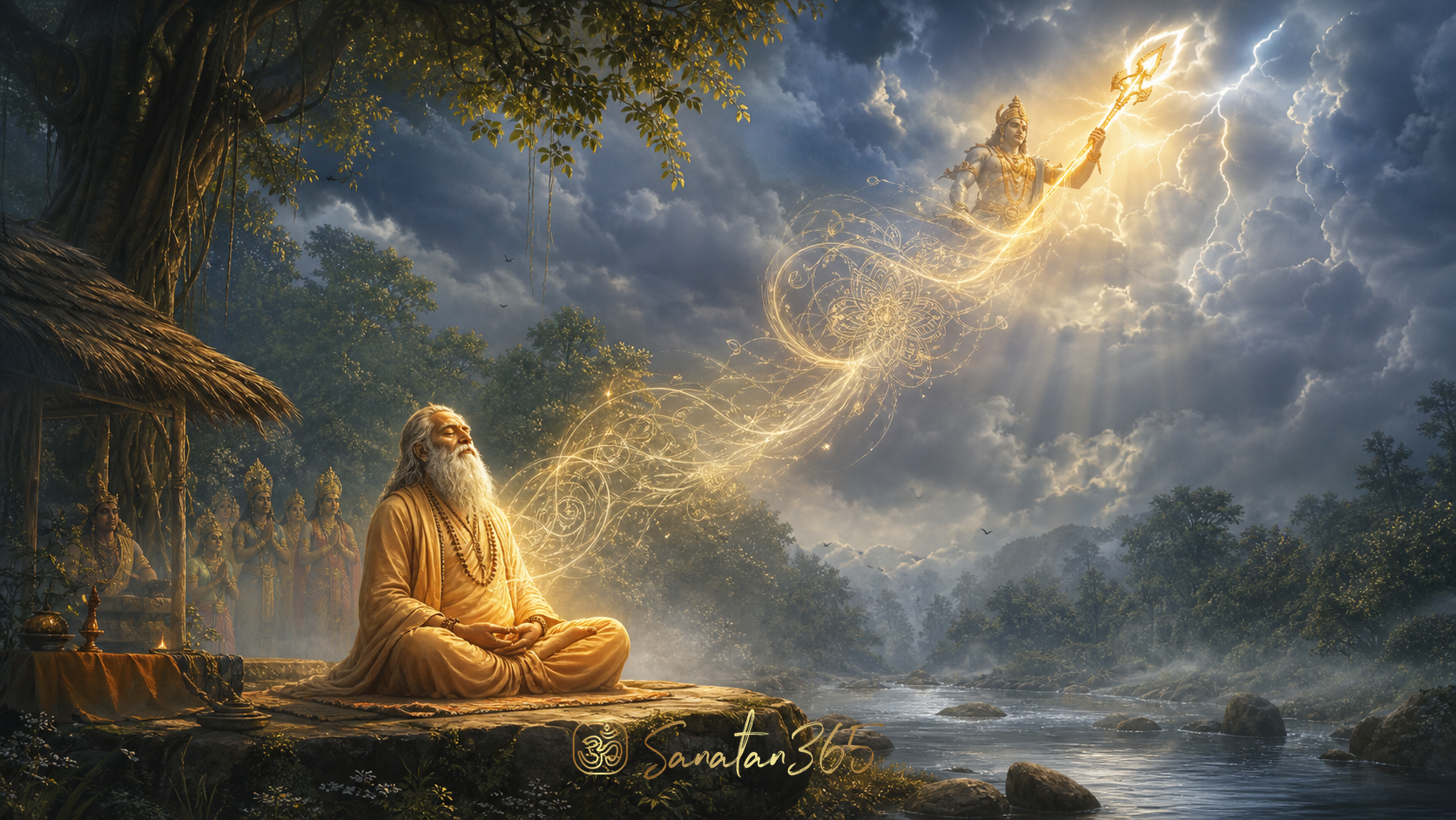 Painterly Rishi Dadhichi in serene meditation as sacred light forms Indra's Vajra above a forest hermitage