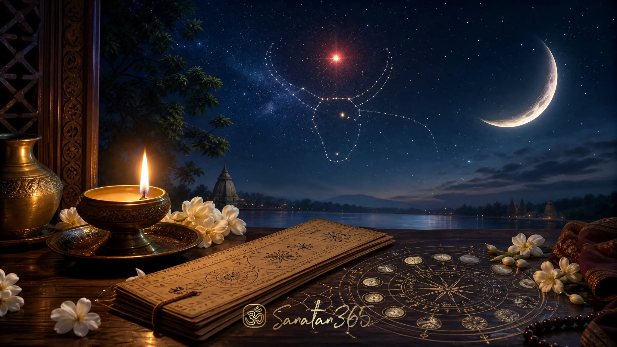 Reddish Rohini star over a Vedic astrology manuscript, diya, jasmine flowers, lunar chart, and Taurus constellation motif
