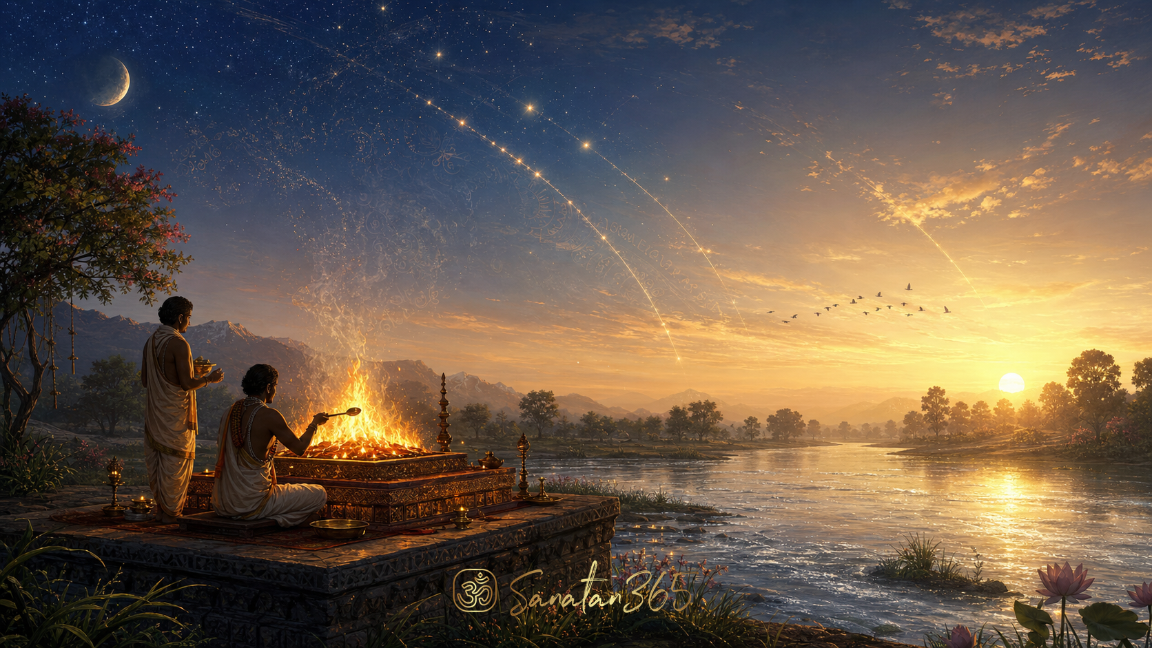 Vedic fire altar beside a river at dawn beneath harmonious celestial patterns symbolizing Rta
