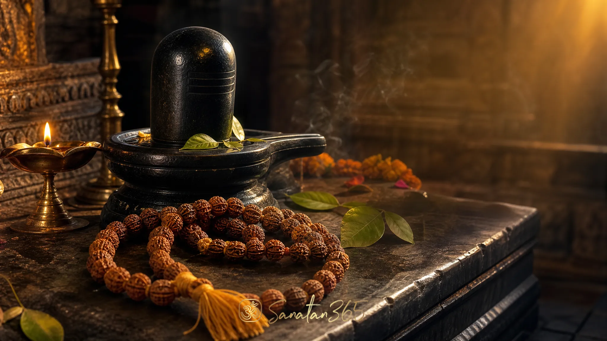 A rudraksha japa mala beside a Shiva linga, diya, and bilva leaves in a serene devotional setting.