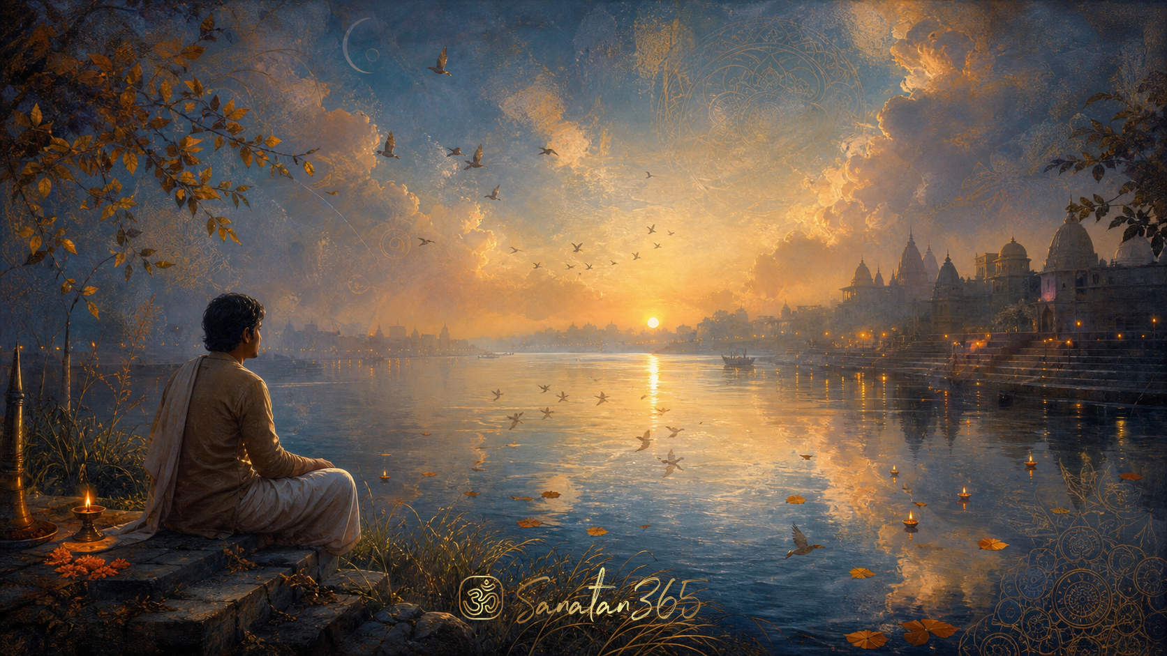 A meditating seeker beside a still dawn river reflecting passing clouds, symbolising Sakshi Bhava or witness consciousness