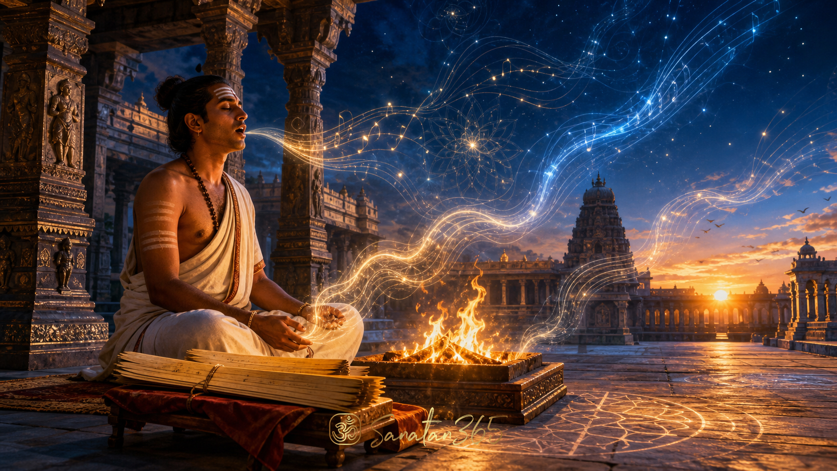 Samavedic chanter beside a sacred fire as luminous melodic arcs rise from a palm-leaf manuscript