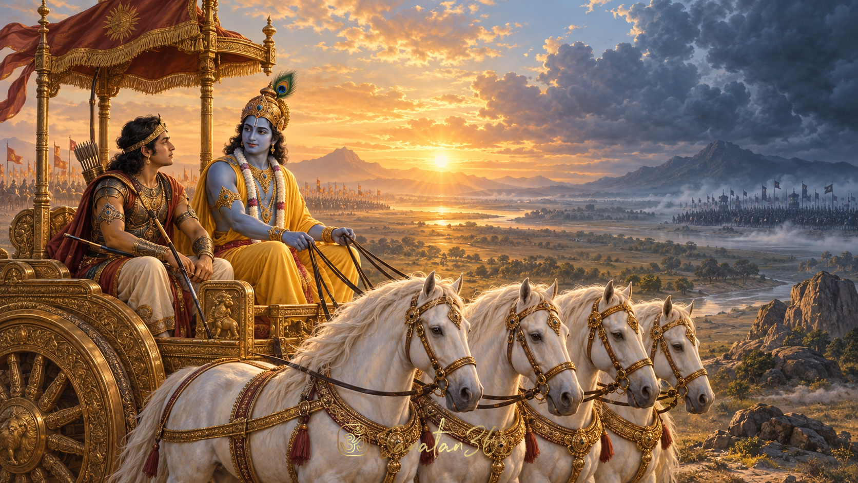 Lord Krishna guiding Arjuna on a chariot beneath a balanced sky, symbolising samatva or equanimity