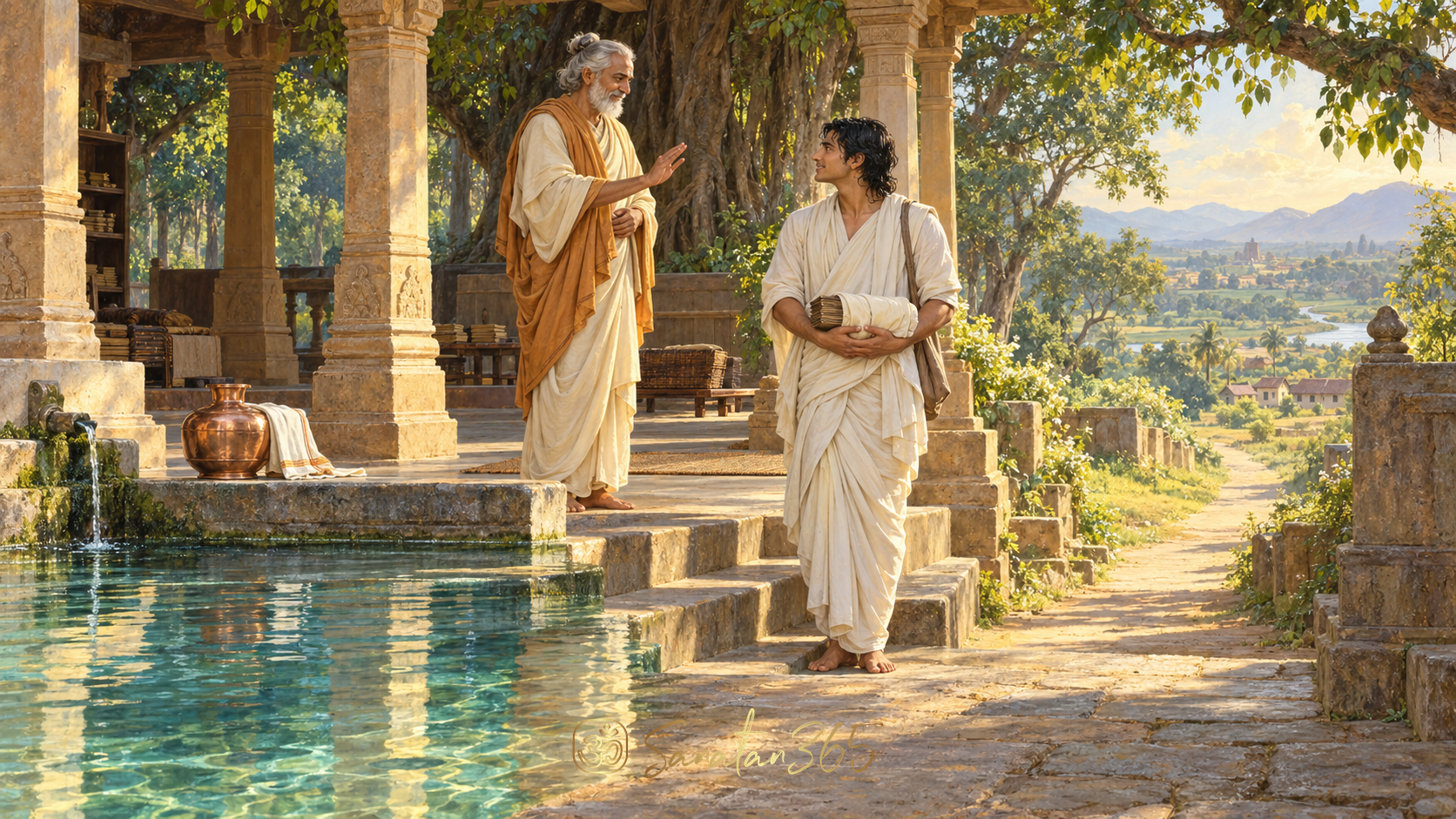 Painterly illustration of an adult student, teacher and bathing pavilion at the completion of sacred study.