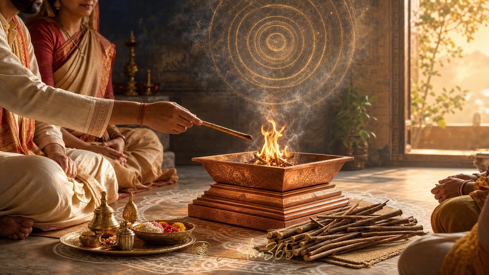 A family respectfully offering dry samidha wood into a glowing havan kund at dawn