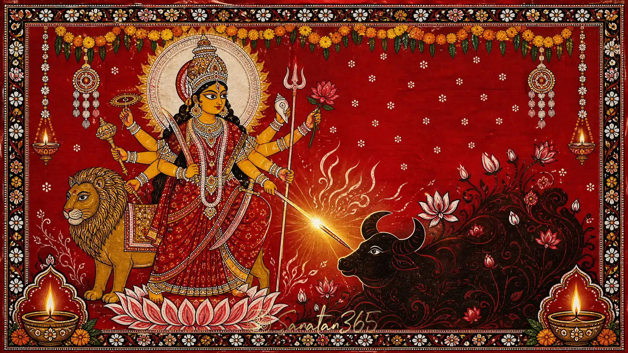 Mata-ni-Pachedi style depiction of Devi Shakti illuminating a symbolic buffalo shadow with trident clarity, lotus motifs, and warm diya light