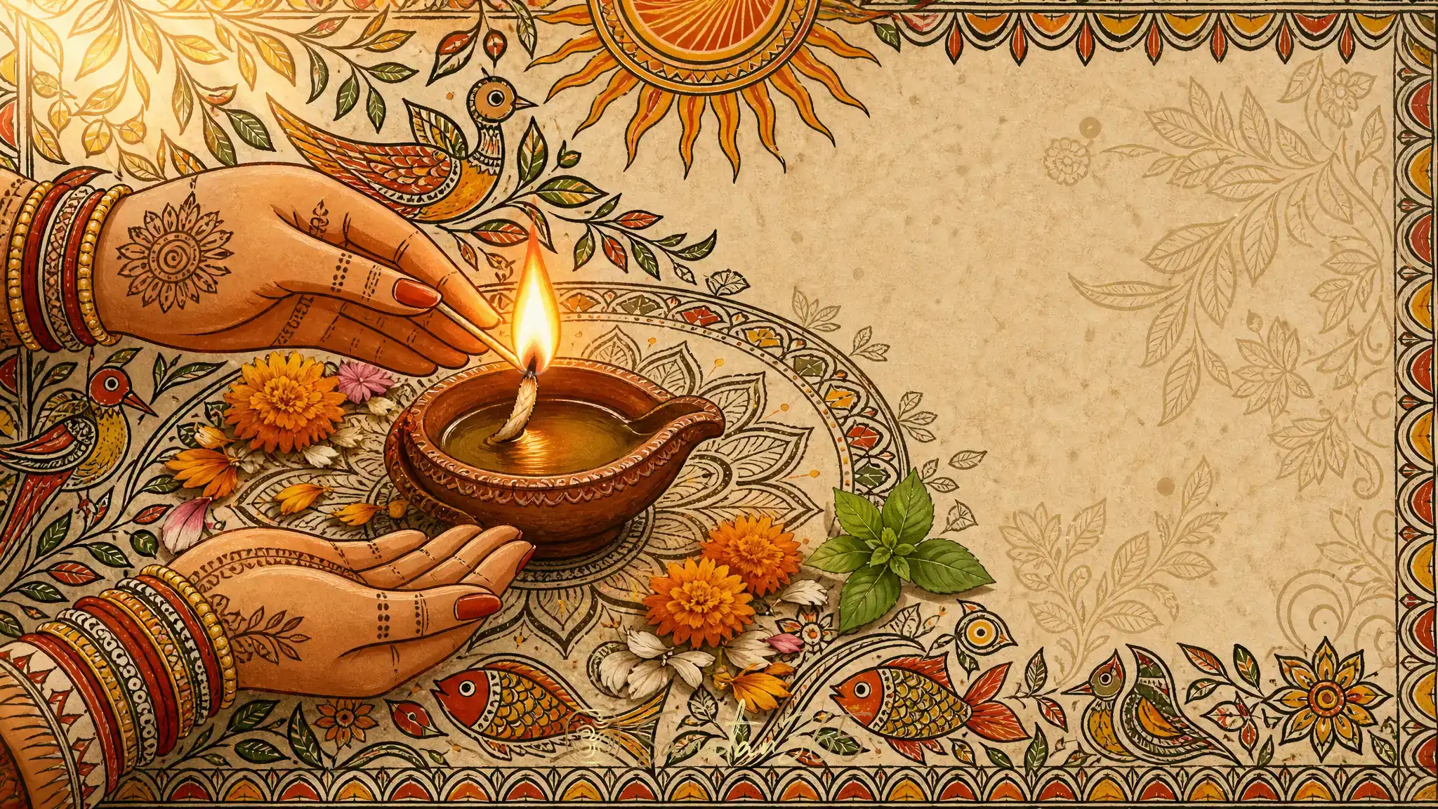Madhubani-style devotional scene of hands lighting a terracotta diya with warm flame, marigold petals, tulsi leaves, and dawn ritual motifs