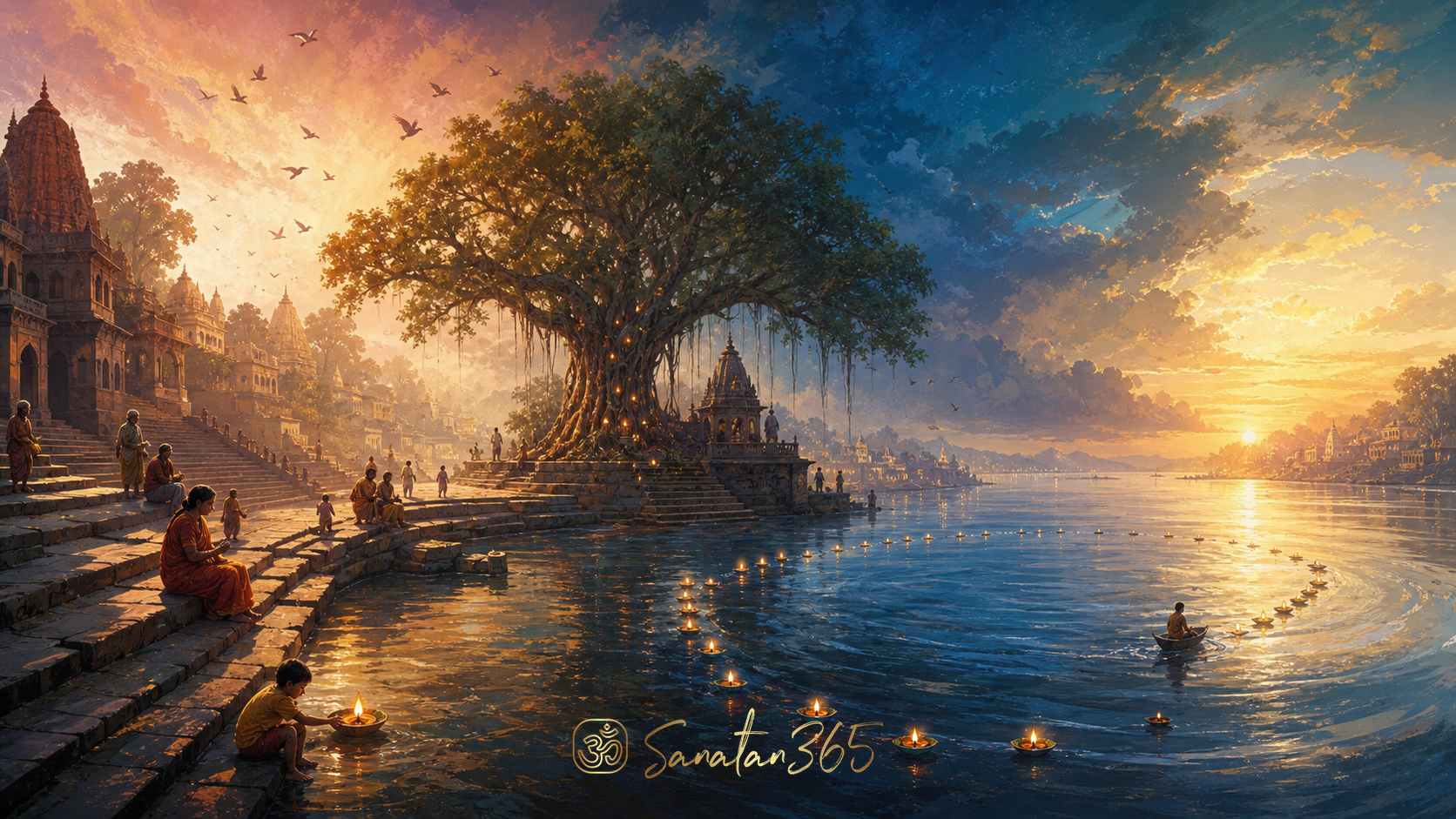 A sacred river landscape moving from dawn to twilight in a luminous cycle, symbolizing samsara, karma, and moksha