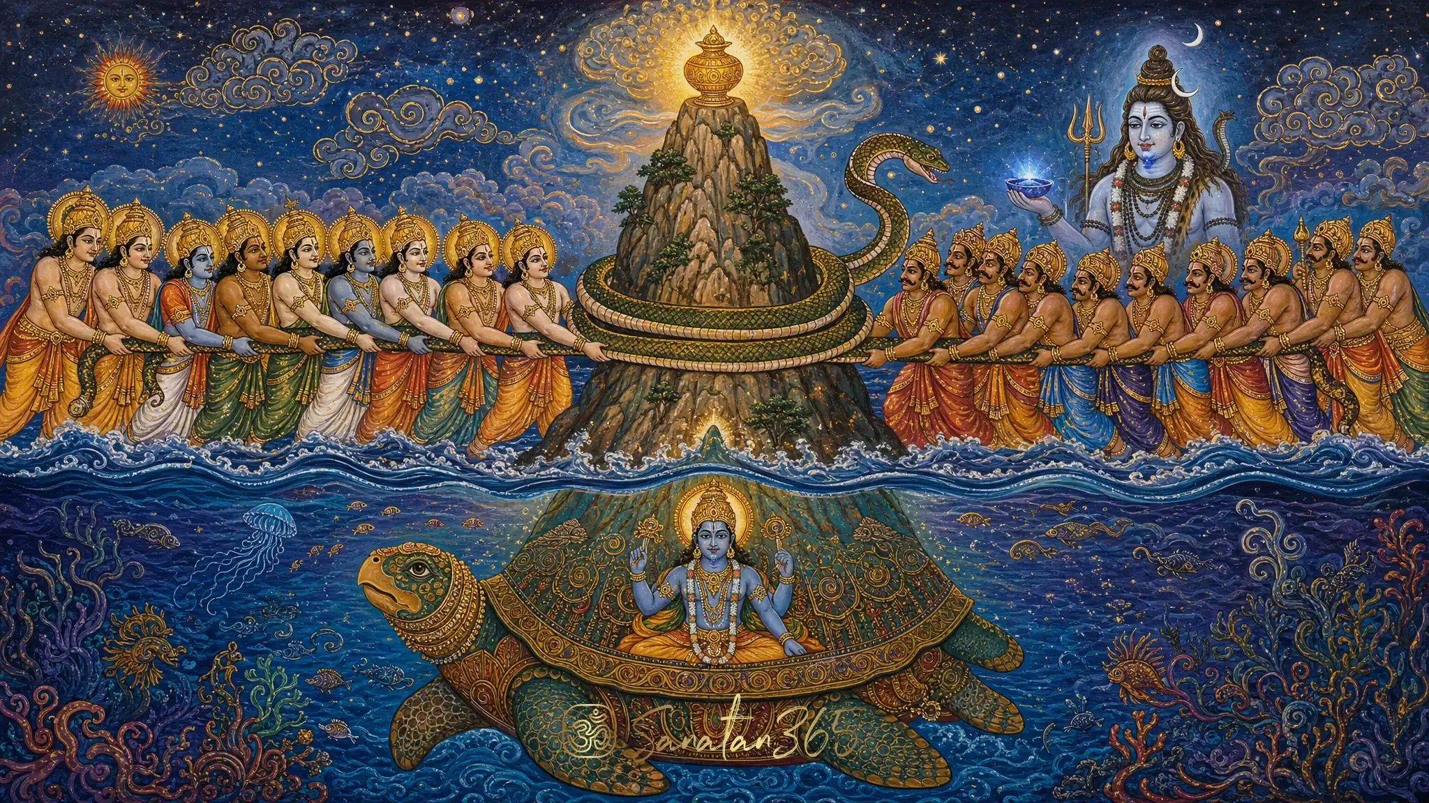 Samudra Manthan scene with devas and asuras churning the cosmic ocean around Mount Mandara.