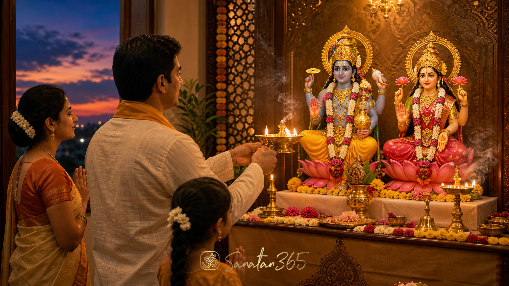 A Hindu family offering Sandhya Aarti with a brass lamp before Lord Vishnu and Lakshmi at twilight