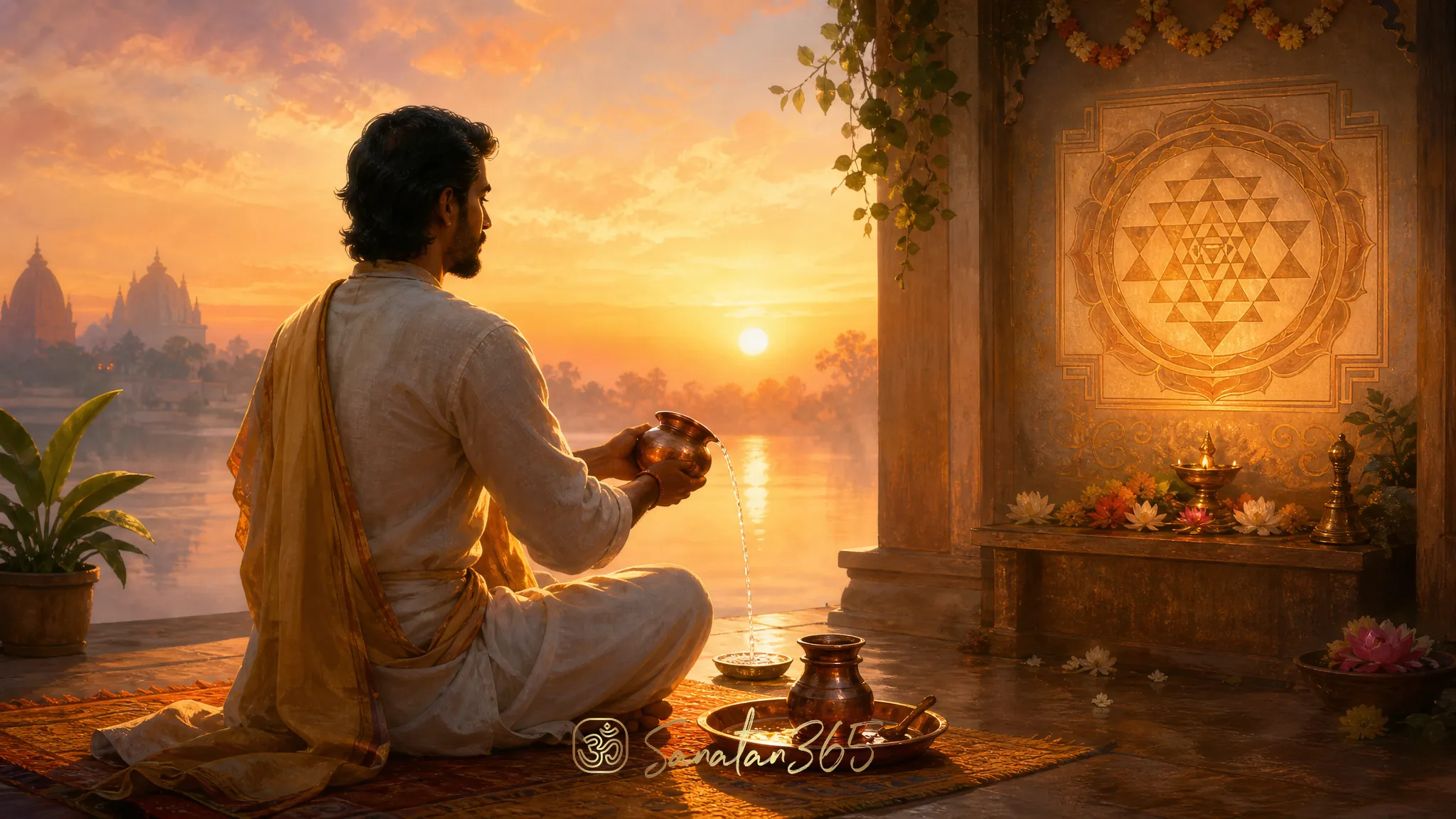 A devotee offers water at dawn during Sandhya Vandana with soft sunrise light and a simple sacred altar.