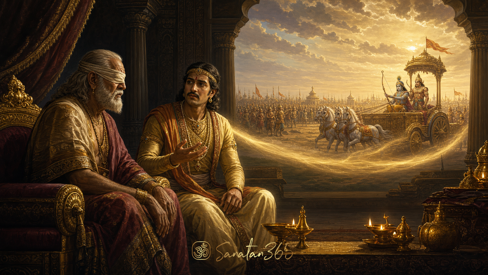 Sanjaya narrating his divine vision of Kurukshetra to King Dhritarashtra