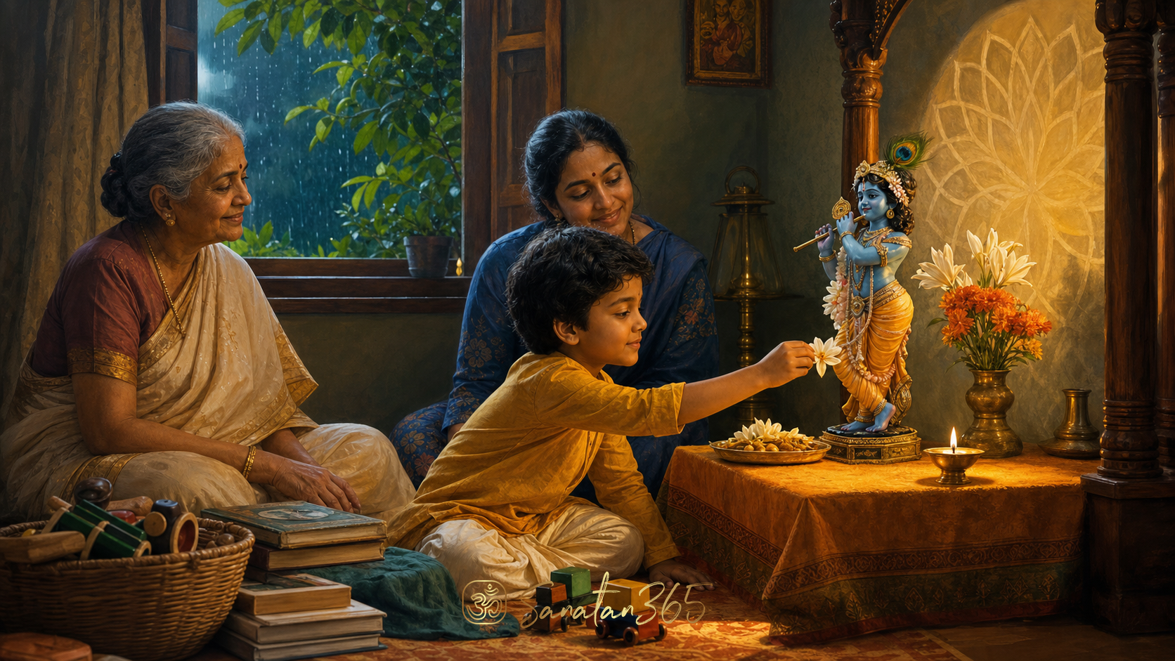 A child offers a flower before a Krishna murti as family members share a quiet moment of gratitude