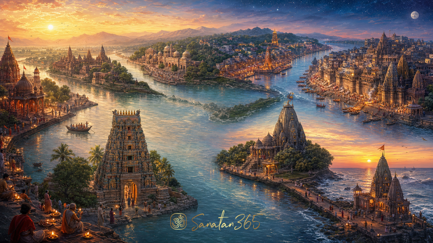 Painterly panorama connecting the seven sacred cities of Sapta Puri through rivers, temples, pilgrims, and light