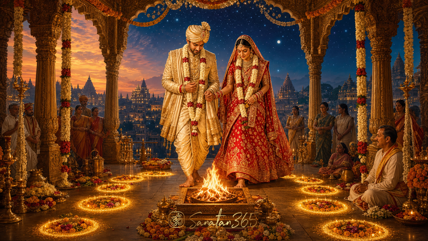 Hindu couple taking the seven Saptapadi steps beside a sacred wedding fire under a decorated mandapa