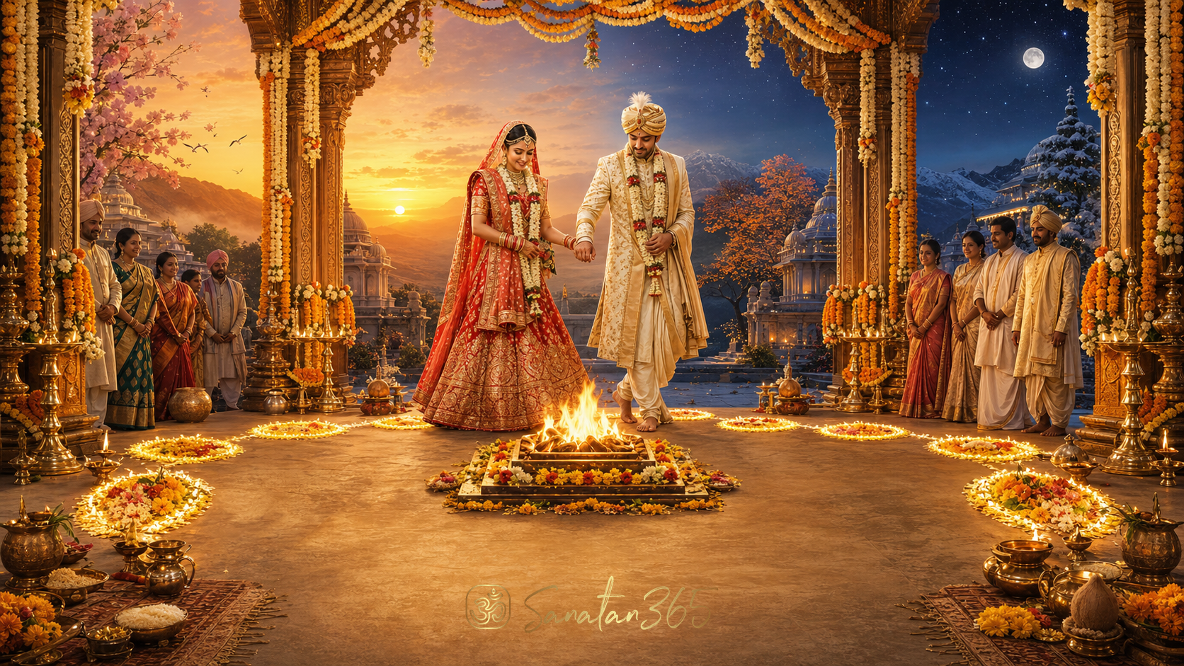 Hindu couple taking the seven Saptapadi steps beside a sacred wedding fire under a decorated mandapa