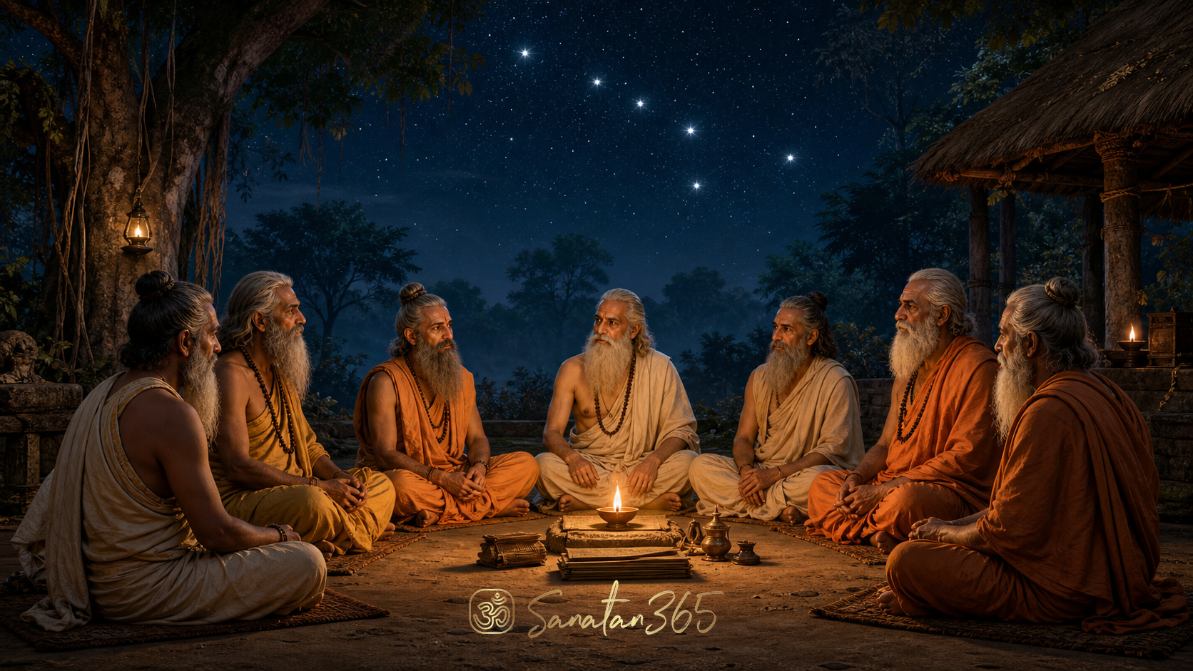Seven Hindu rishis seated under the Saptarishi Mandala in a sacred forest hermitage