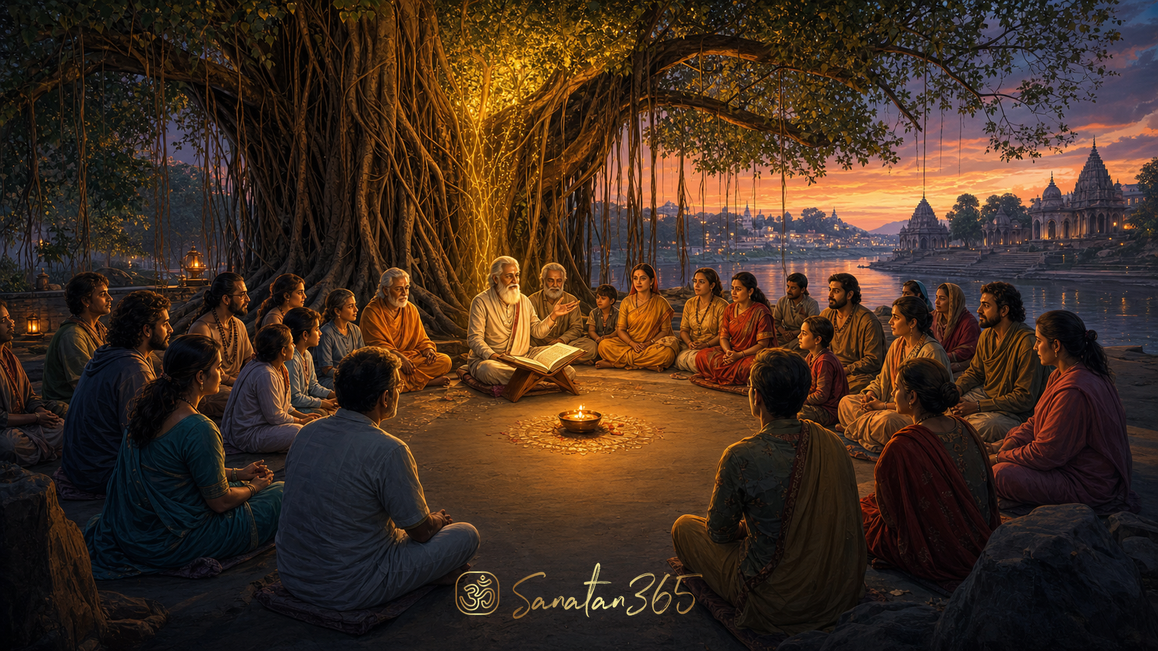 An intergenerational satsang circle listening to sacred teaching beneath a banyan tree