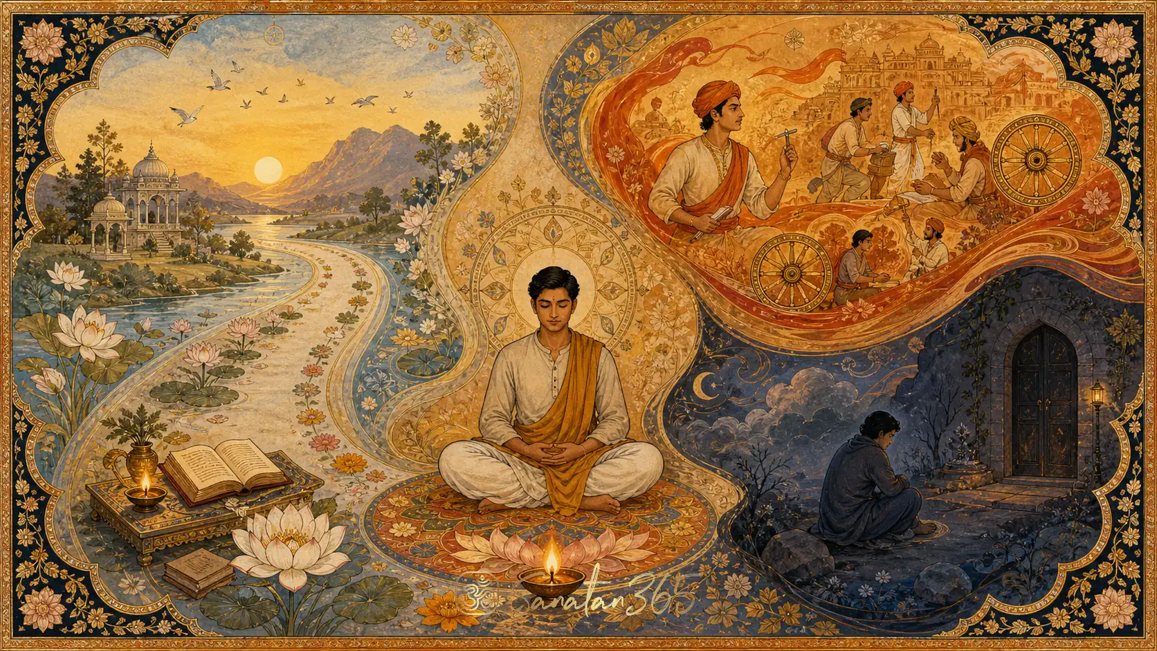 A serene seeker sits where three symbolic paths of sattva, rajas, and tamas meet.