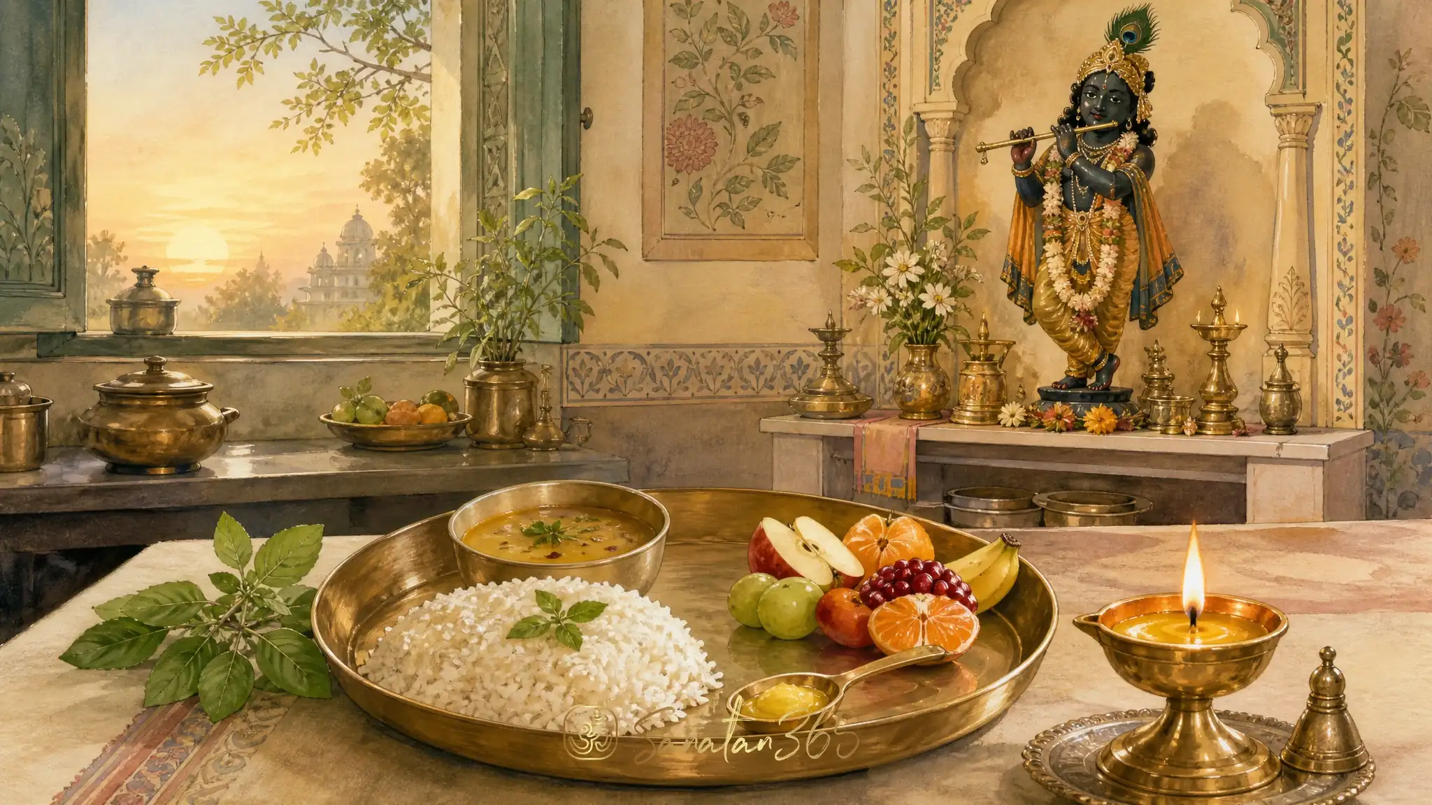 Sattvic food thali with fresh grains, fruits, tulsi, diya, and a small Krishna murti in a calm devotional home kitchen