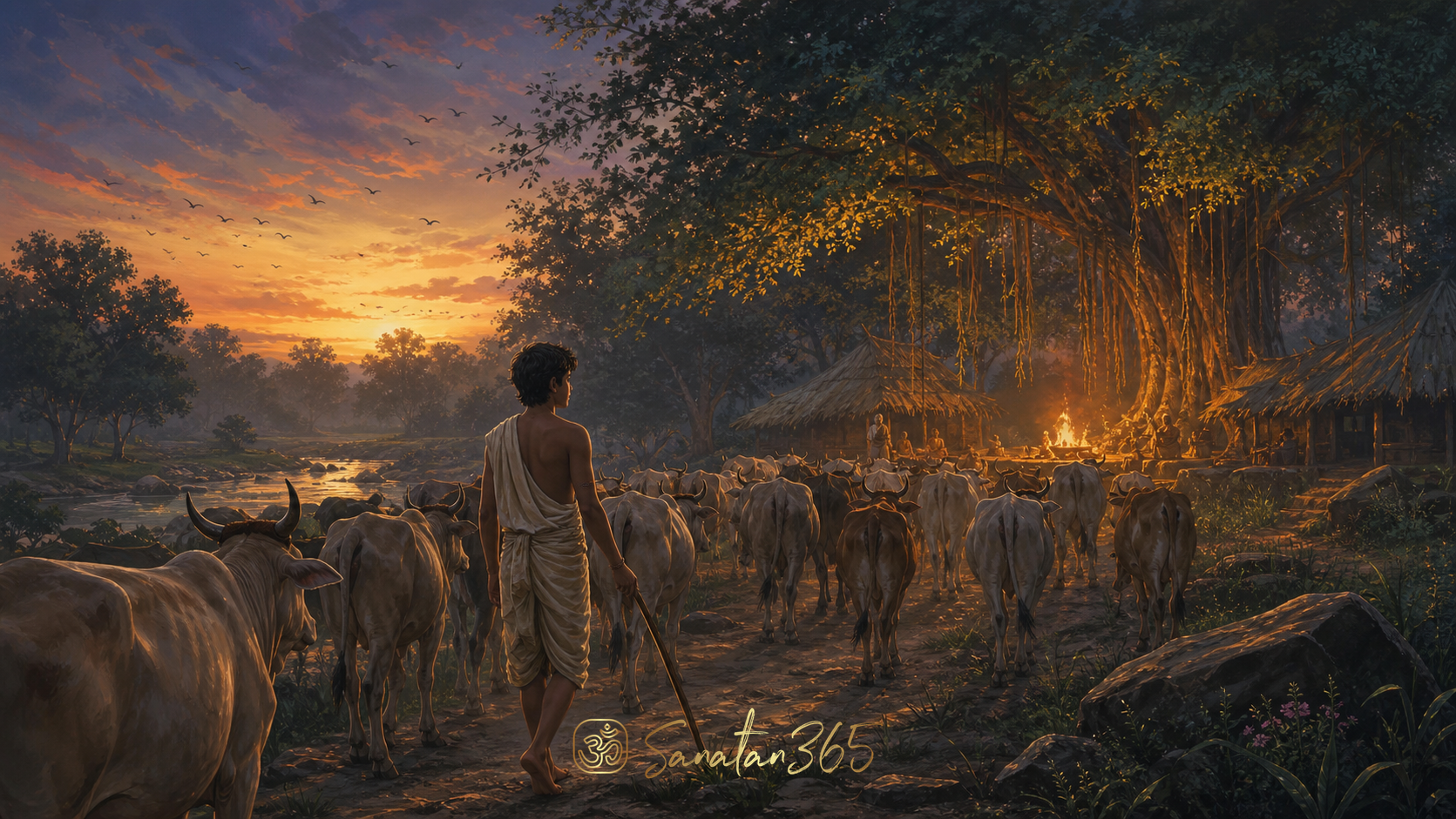 Satyakama Jabala returning with a great herd to Gautama's forest ashram at twilight