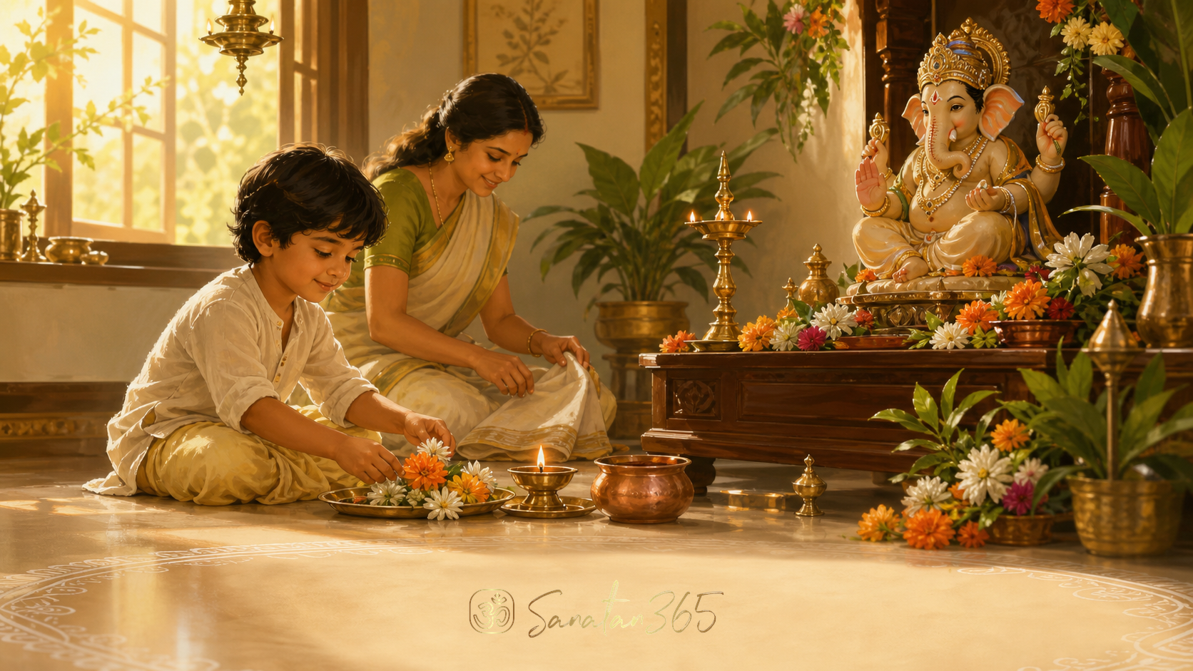 A child helps clean a home puja altar with a Lord Ganesha murti, showing the Saucha lesson of cleanliness and clarity.