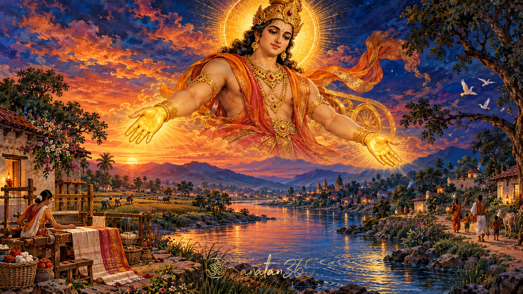 Painterly sacred illustration of Savitr with luminous golden hands above a river landscape at twilight