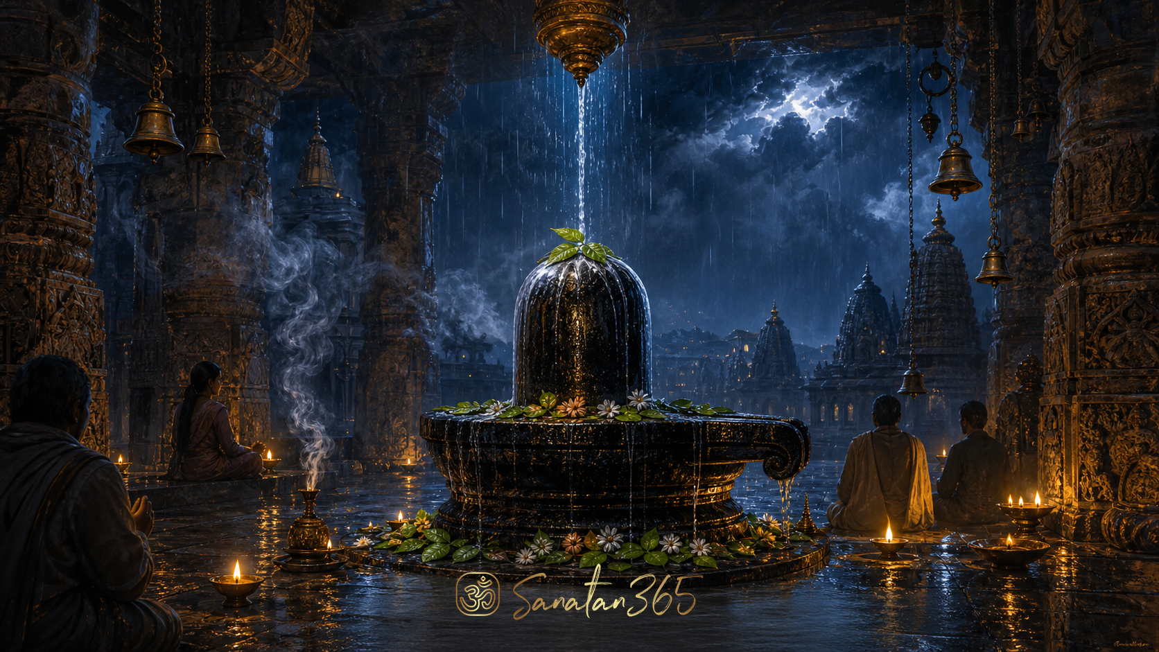 Shiva linga receiving water abhishekam in a lamp-lit temple during a monsoon Sawan Shivaratri night