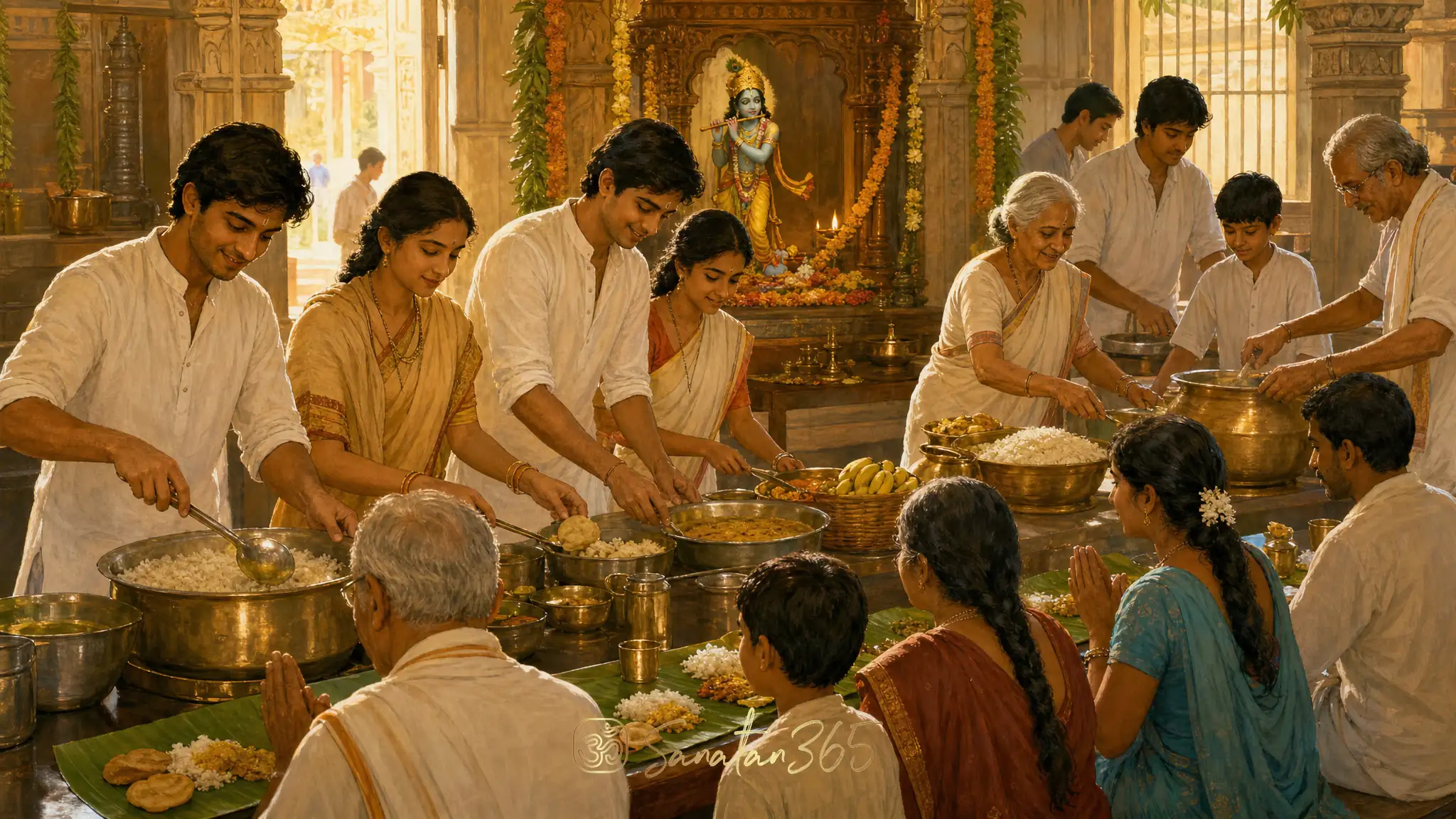 Hindu volunteers serving meals in a temple community kitchen as an expression of seva