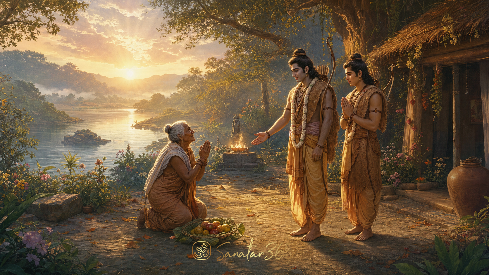 Painterly scene of Shabari welcoming Lord Rama and Lakshmana at her forest hermitage near Pampa Lake
