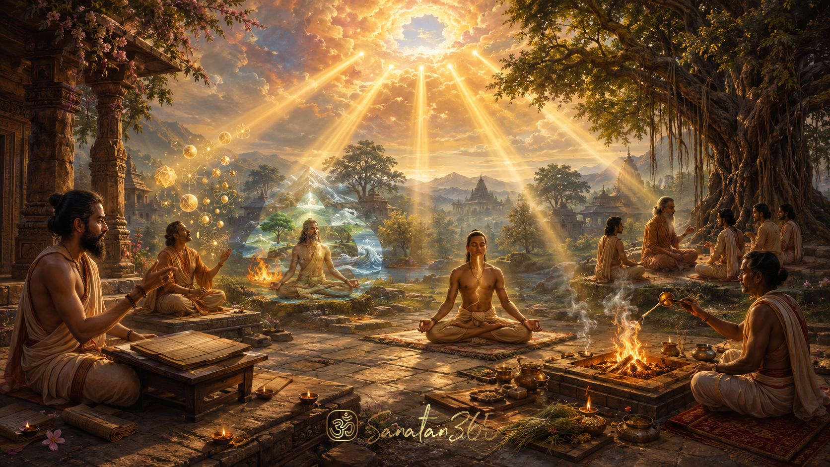 Six symbolic paths of Hindu philosophy converging in a sacred Indian learning landscape