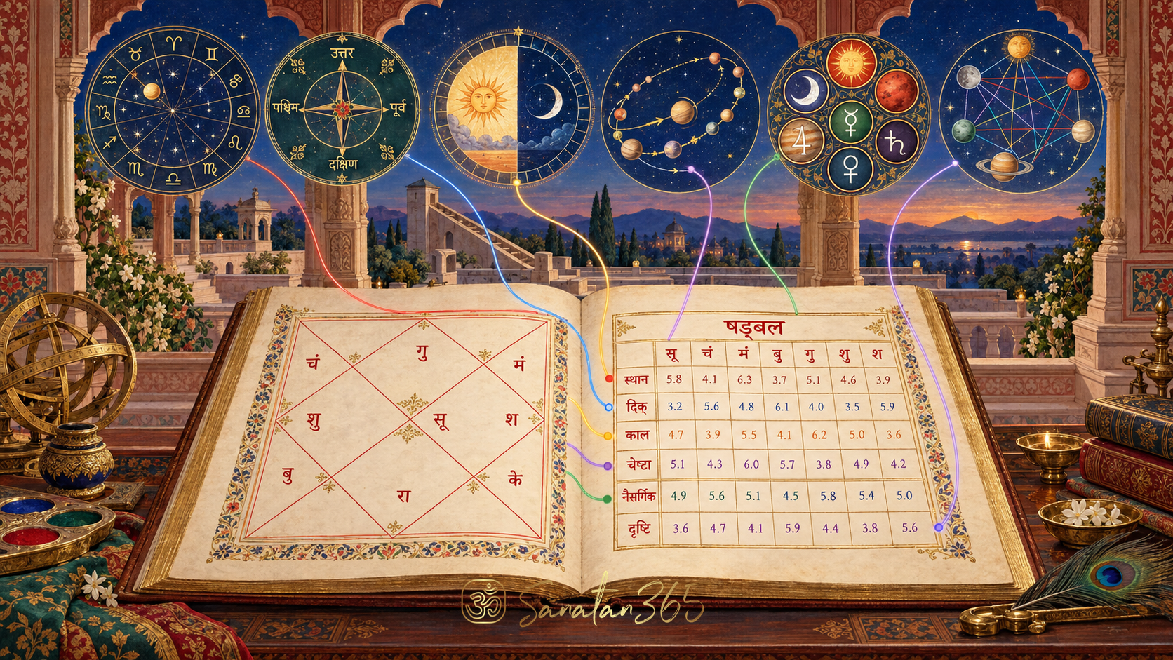 Painterly astrological manuscript with a diamond birth chart and six-part planetary-strength table in an imagined Indian observatory pavilion.