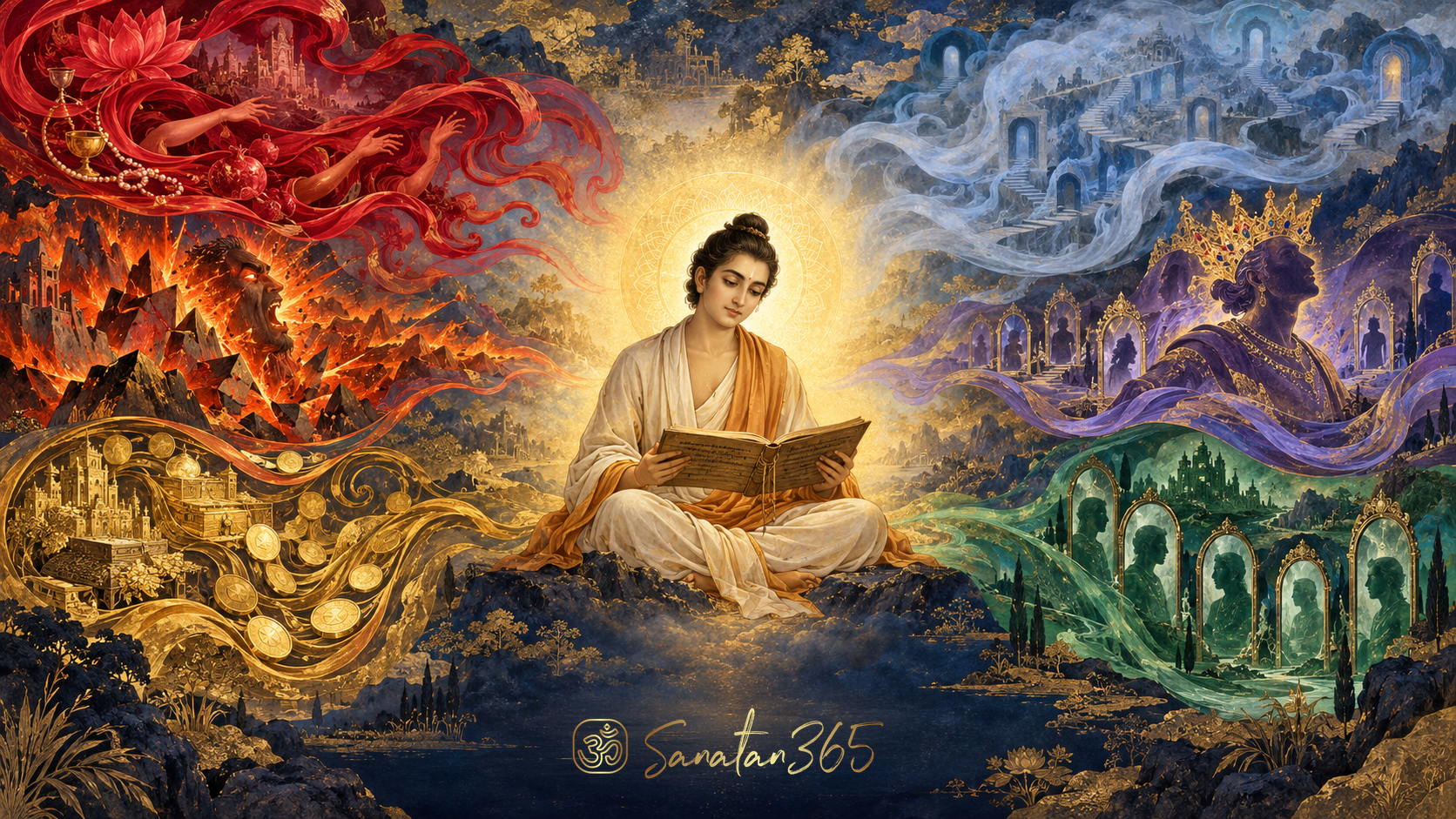 Painterly sacred allegory of a thoughtful seeker surrounded by six symbolic currents of inner temptation