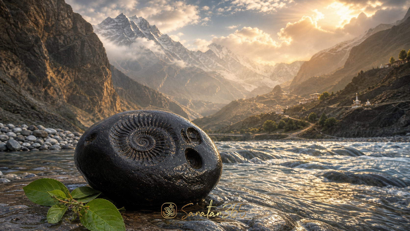 A naturally marked Shaligram stone in the Kali Gandaki River beneath Himalayan light