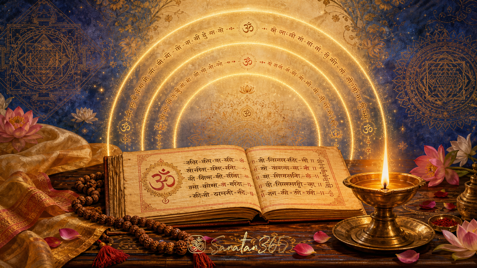 A sacred manuscript, diya, Om symbol, and three waves of light representing the Hindu Shanti Mantra.