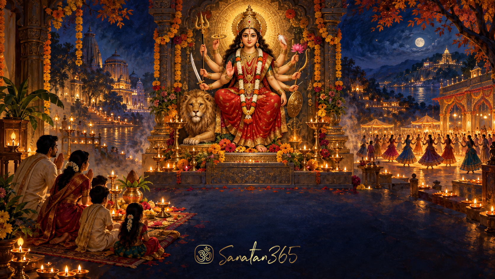 Painterly Durga-centred Navratri scene joining warm household devotion and nine lights in an autumn night.
