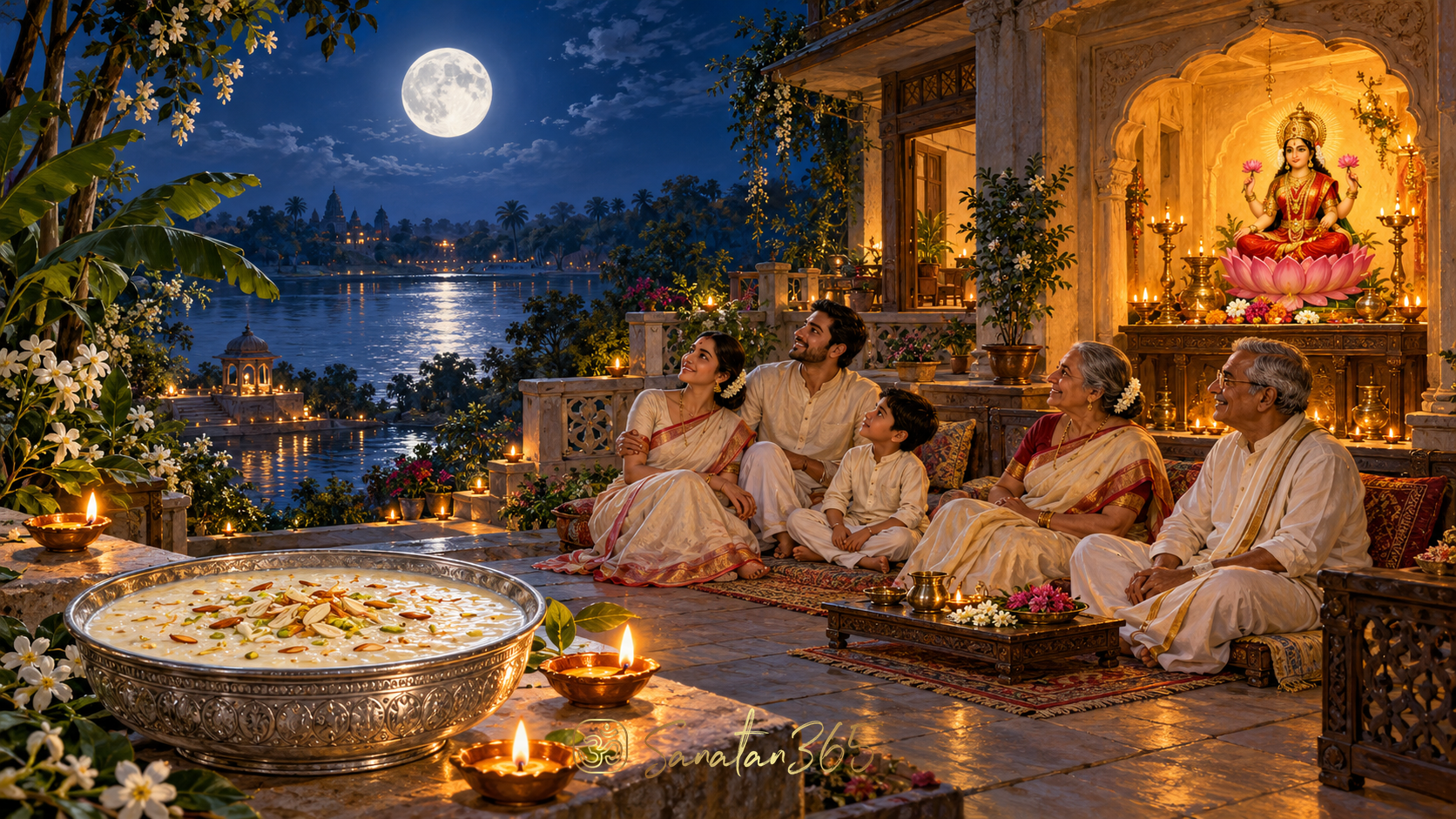 Painterly autumn courtyard with a bowl of kheer, a respectful Lakshmi shrine and families beneath a luminous full moon.