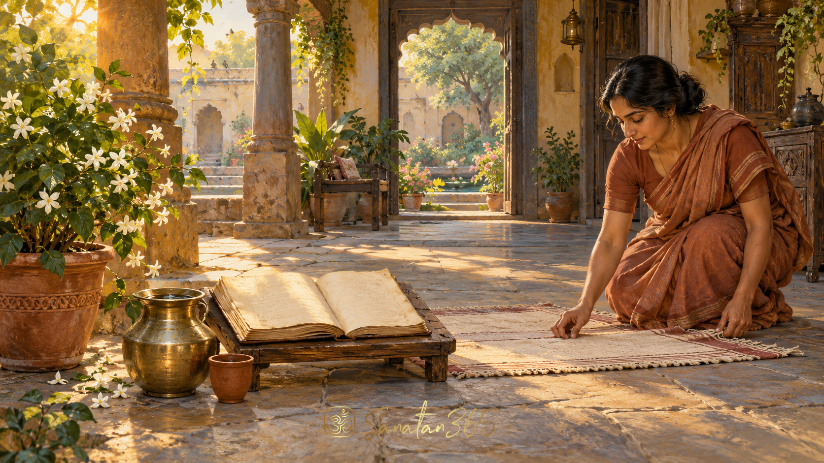 Sunlit Indian courtyard with a manuscript, water vessel, and flowers expressing shaucha as attentive care