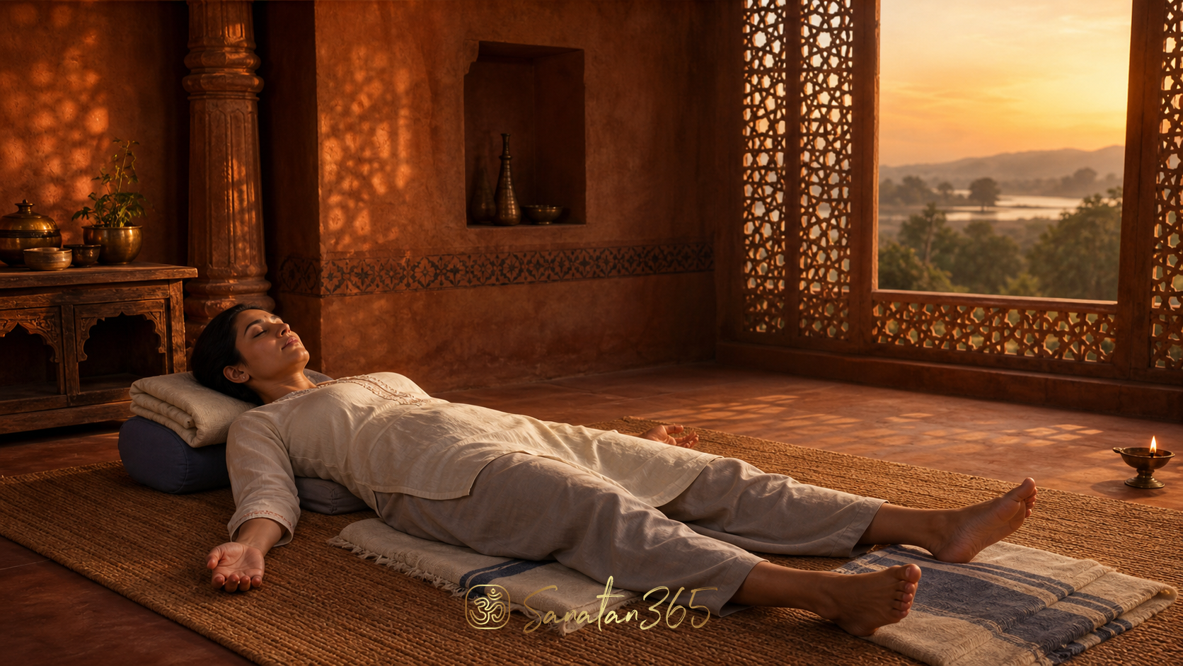 A yoga practitioner rests attentively in Shavasana in a serene sunset-lit practice room