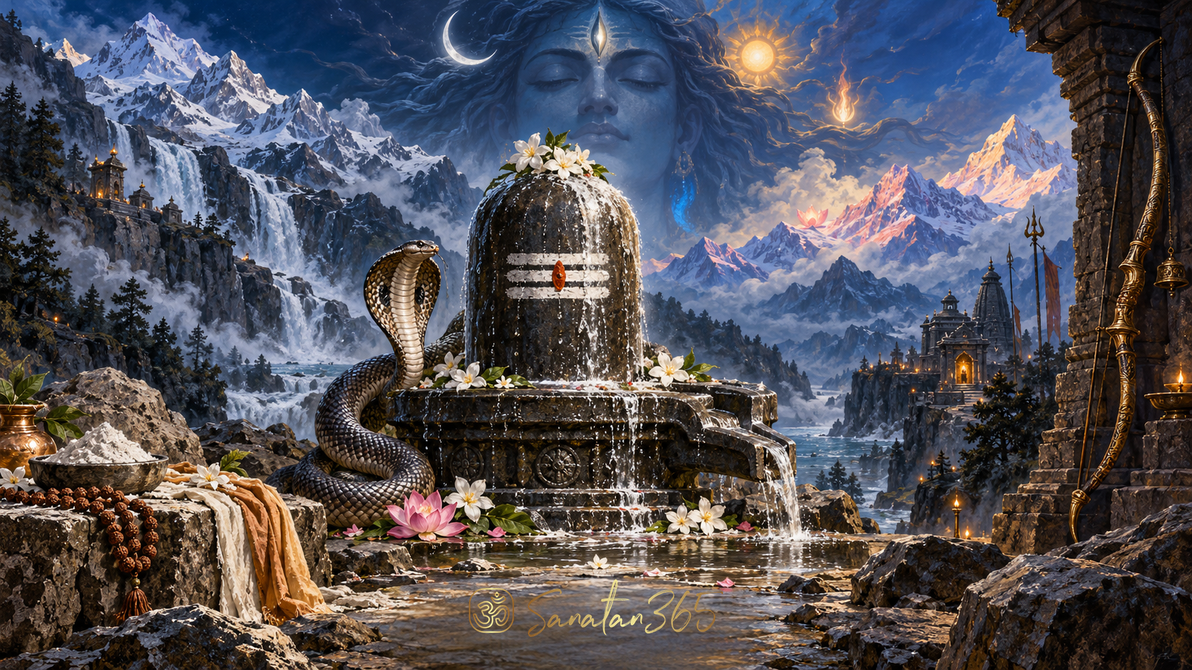 Painterly Shiva linga surrounded by river light, flowers, and celestial imagery inspired by the five verses of Shiva Panchakshara Stotram.