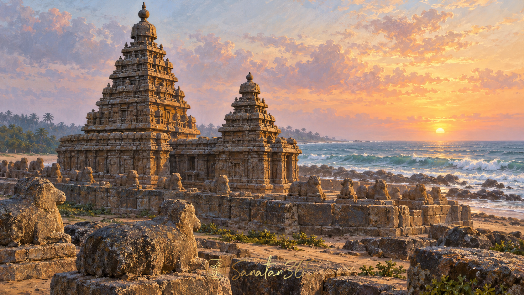 Pallava Shore Temple stone towers and Nandi sculptures beside the Bay of Bengal at dawn