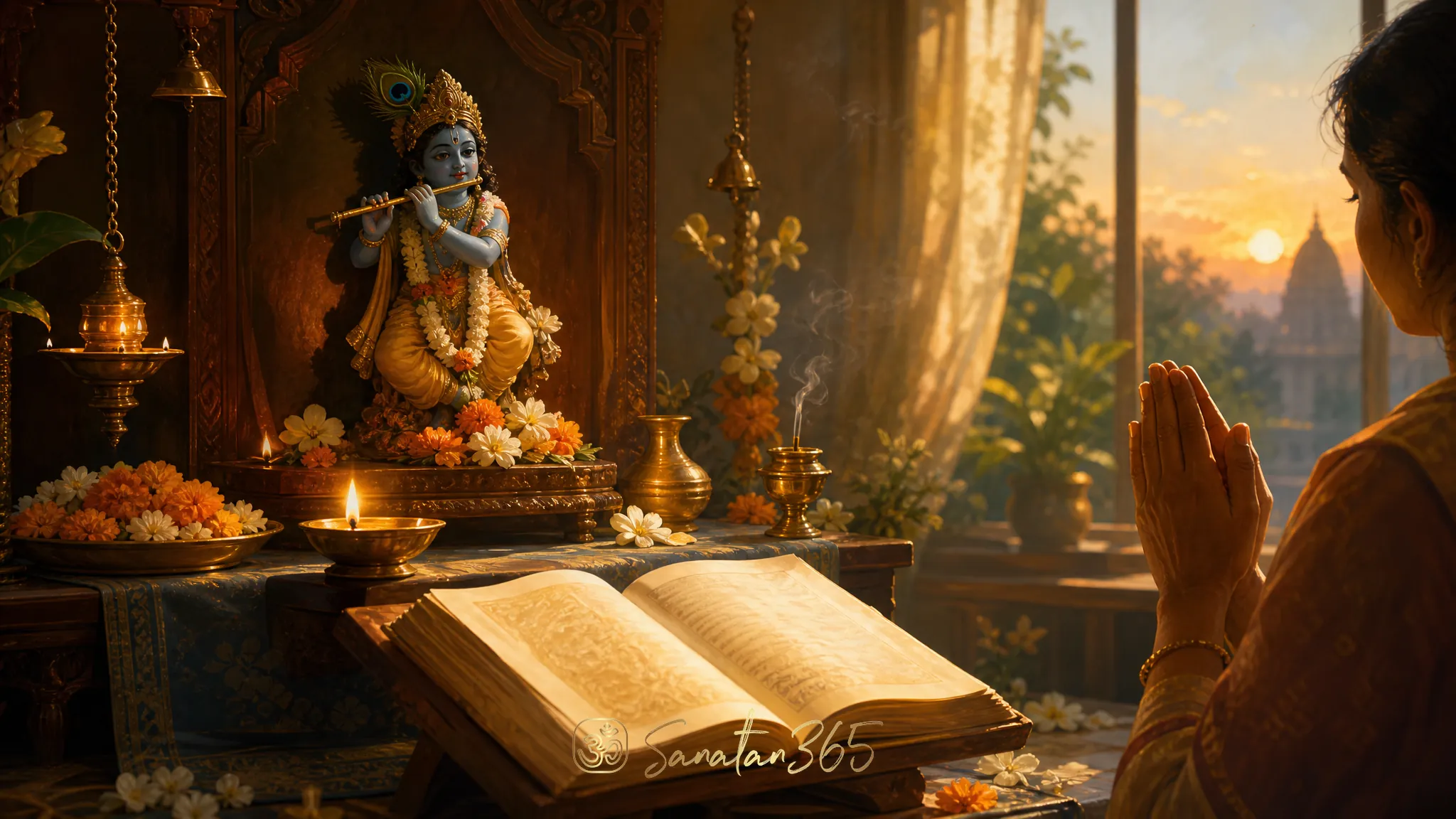 A serene home altar with a diya, scripture, flowers, and folded hands representing shraddha as living faith.